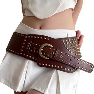 Women Vintage Studded Rivets Wide Leather Belt Western Chunky Waist Belt Y2k new